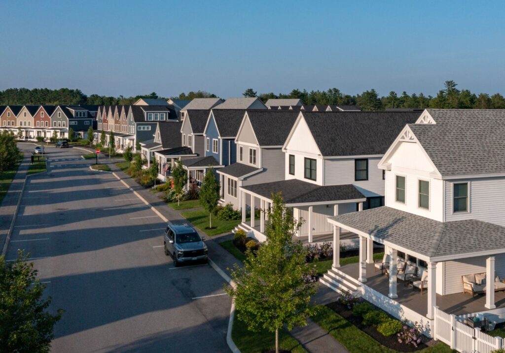 Drone view of the Frontrunner Park neighborhood in the afternoon.
