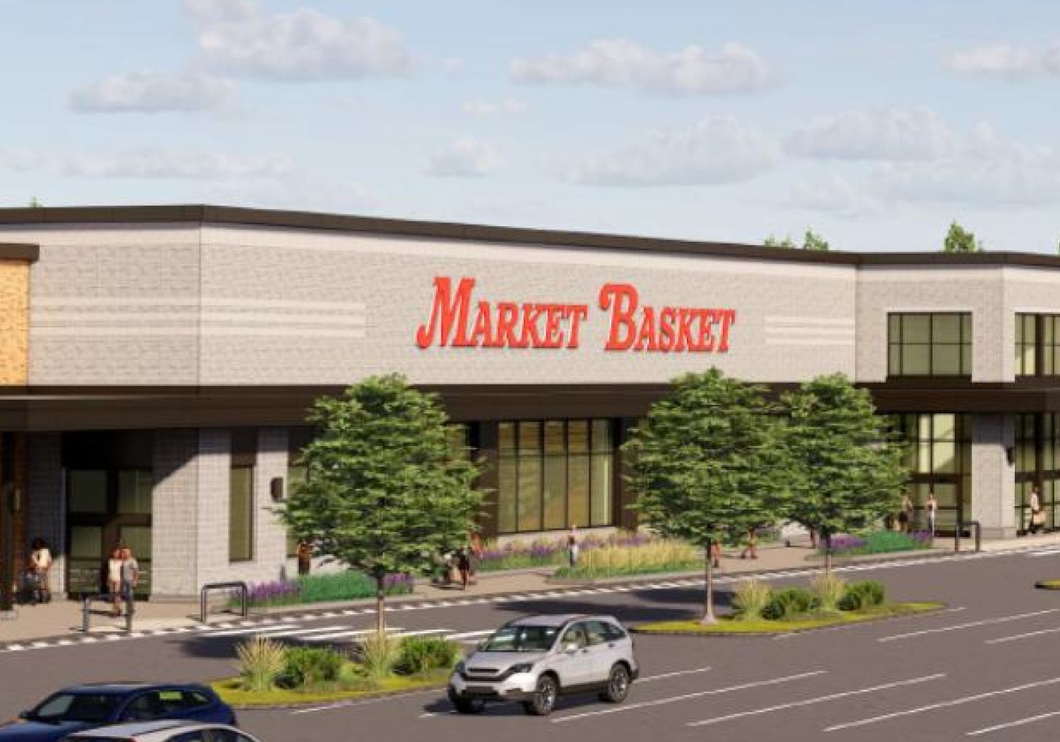 Rendering of the Market Basket location at The Downs. There are multiple silver cars and individuals coming in and out of the grocery store.